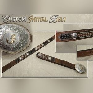 Cavender’s Tooled Brown Leather Western Belt with Initial J Buckle - Size 30